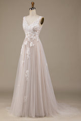 Ivory A Line Tulle Sweep Train Wedding Dress with Lace V-neck