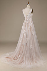 Ivory A Line Tulle Sweep Train Wedding Dress with Lace V-neck