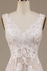 Ivory A Line Tulle Sweep Train Wedding Dress with Lace V-neck