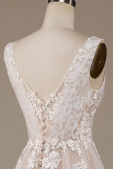 Ivory A Line Tulle Sweep Train Wedding Dress with Lace V-neck