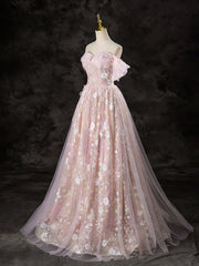 A-Line Off Shoulder Tulle Lace Pink Long Prom Dress, Lace Formal Dress