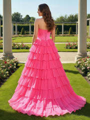 Sleeveless Sweetheart Chiffon Gown With Ruffle Fuchsia