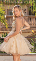 Sheer-Bodice Short Ball Gown 3337