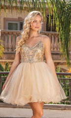 Sheer-Bodice Short Ball Gown 3337