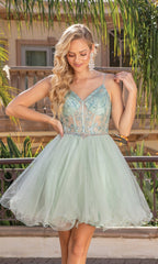 Sheer-Bodice Short Ball Gown 3337