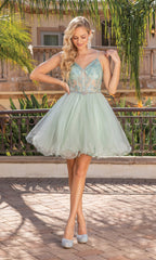 Sheer-Bodice Short Ball Gown 3337