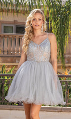 Sheer-Bodice Short Ball Gown 3337