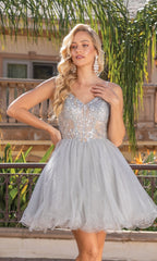 Sheer-Bodice Short Ball Gown 3337
