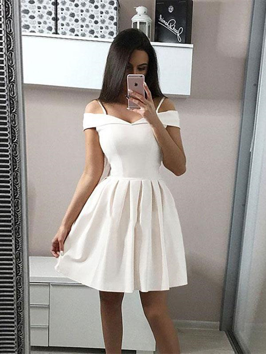 Custom Made A Line Short White Off Shoulder Prom Dresses, Short Formal Dresses, Off Shoulder White Graduation Dresses/Homecoming Dresses