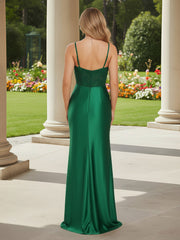 V-Neck Spaghetti Straps Sheath Dress With Slit Dark Green