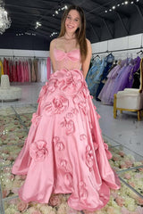 Spaghetti Straps Pink A-Line Prom Dress with 3D Floral