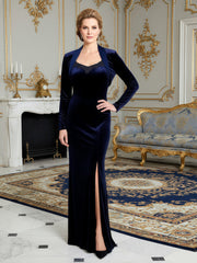 Velvet Sheath Gown with Matching Shawl Collar Bolero Navy Blue