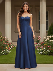 A-Line Sleeveless Sweetheart Satin Floor Length Gown Dark Navy