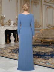 Long Sleeve Column Gown with Asymmetric Neckline Dusty Blue