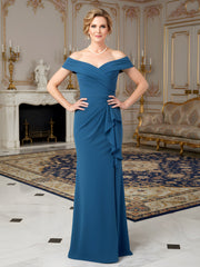 Crepe Formal Dress featuring Waterfall Ruffle Accent Ink Blue