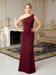 One-Shoulder Column Gown with Ruched Draped Bodice Burgundy
