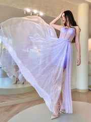 A-Line Purple Tulle Long Prom Dress, Purple Tulle Formal Evening Dress