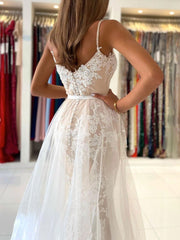 Champagne tulle lace mermaid long prom dress, lace evening dress