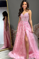Princess A-Line Pink V-Neck Sweep Train Prom Dress with Applique