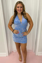 Periwinkle Sequin Halter Tie-Back Short Homecoming Dress