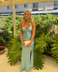 Mermaid Spaghetti Straps Sequin Blue formal dresses Bridesmaid Dresses evening gown Prom Dress