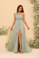 A-Line One Shoulder Chiffon formal dresses Bridesmaid Dresses evening gown Prom Dress with Slit