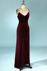 Burgundy Velvet V-Neck Straps Long Bridesmaid Dress with Slit
