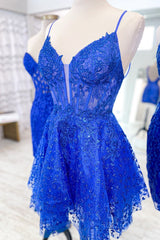 Sea Glass Tulle Lace Multi-Layer Short Gown with Spaghetti Straps