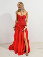 Red sweetheart neck tulle lace long prom dress, red evening dress