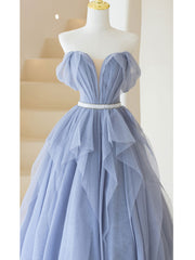 Gray purple tulle long prom dress, purple A line evening dress