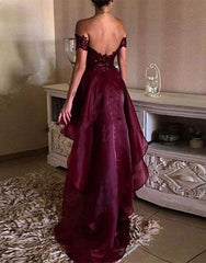 Off Shoulder High Low Organza Backless Maroon Lace Prom Dress, High Low Formal Dress, Maroon Lace Graduation Dress, Maroon High Low Homecoming Dress