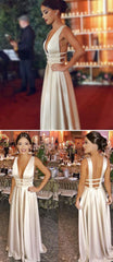 A Line V Neck Open Back Champagne Prom Dresses, Champagne V Nevk Open Back Evening Dresses