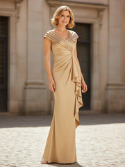 Pleated V-neck Sheath Long Dress With Ruffles Champagne