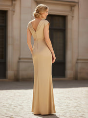 Pleated V-neck Sheath Long Dress With Ruffles Champagne