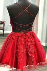 Strappy Lace Appliqued Red Short Homecoming Dress,AST1275