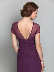 Sheath / Column Mother of the Bride Dress See Through Jewel Neck Sweep / Brush Train Chiffon Tulle Short Sleeve with Beading Side Draping