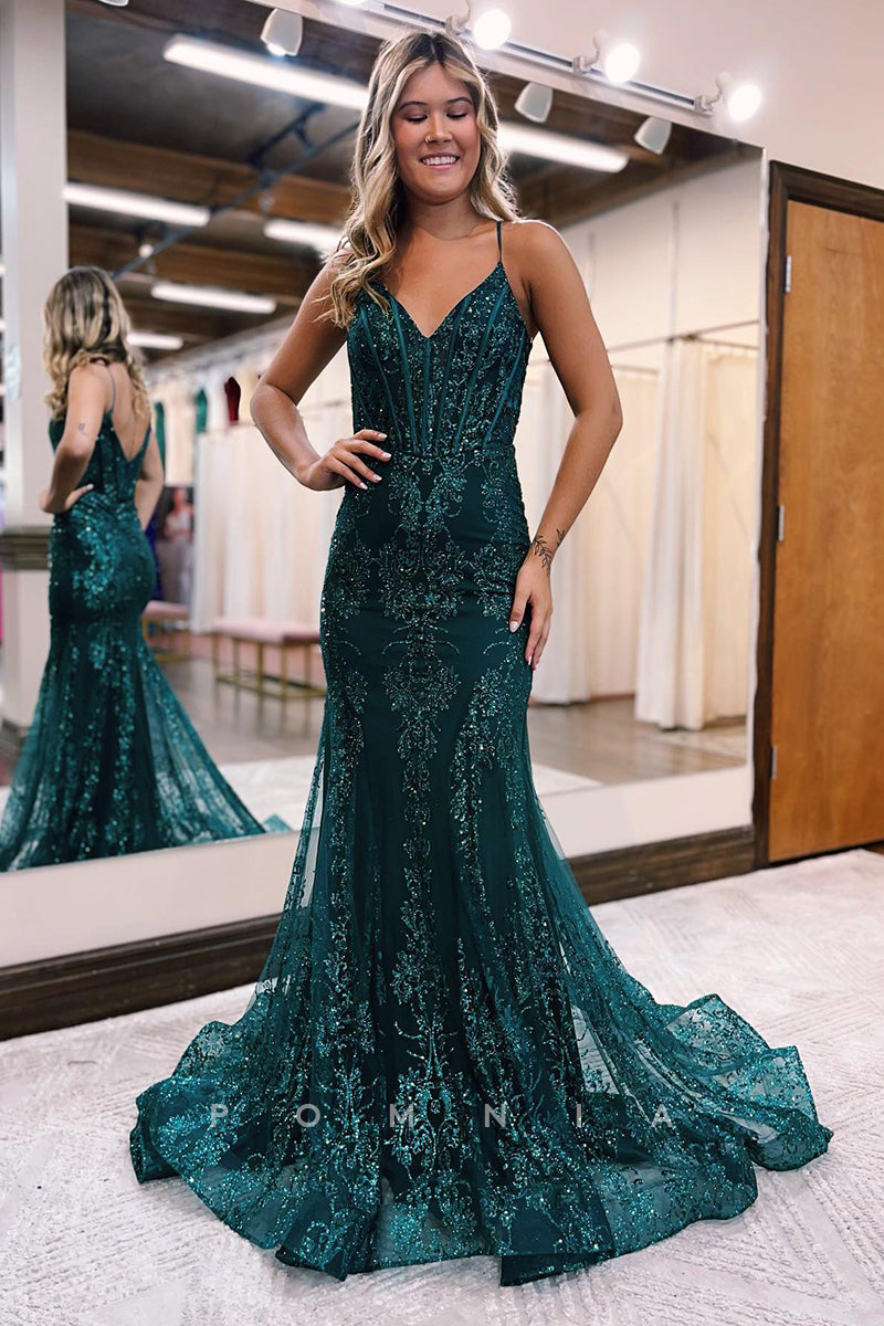 P1242 - Mermaid Spaghetti Straps Appliques Sleeveless Prom Evening Dress