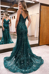 P1242 - Mermaid Spaghetti Straps Appliques Sleeveless Prom Evening Dress