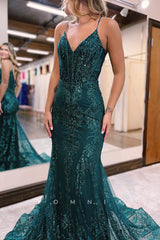 P1242 - Mermaid Spaghetti Straps Appliques Sleeveless Prom Evening Dress