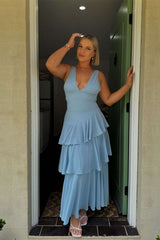 Blue Chiffon V-Neck Column Long Prom Dress with Ruffles