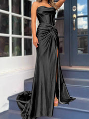 Tight fit/column without shoulder straps and ground length split prom dress