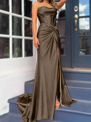 Tight fit/column without shoulder straps and ground length split prom dress