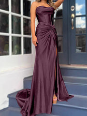 Tight fit/column without shoulder straps and ground length split prom dress