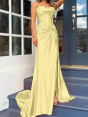 Tight fit/column without shoulder straps and ground length split prom dress