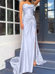 Tight fit/column without shoulder straps and ground length split prom dress