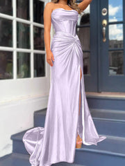 Tight fit/column without shoulder straps and ground length split prom dress