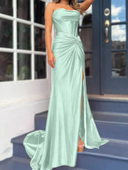 Tight fit/column without shoulder straps and ground length split prom dress