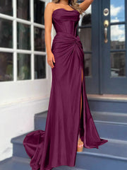 Tight fit/column without shoulder straps and ground length split prom dress