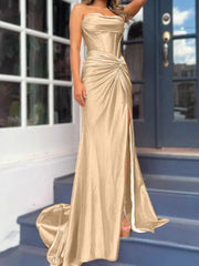 Tight fit/column without shoulder straps and ground length split prom dress