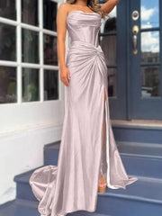 Tight fit/column without shoulder straps and ground length split prom dress